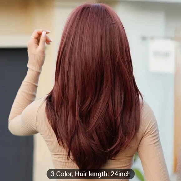 Burgundy Wig With Bangs 24 Inch Long Straight Burgundy Wig Layered - Picture 6 of 6